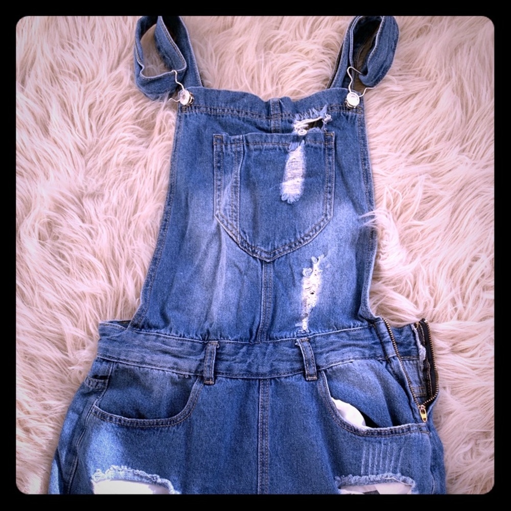 Denim distressed overall shorts